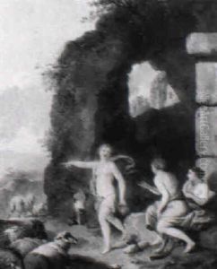 Drei Nymphen Vor Einer Felsgrotte Bei Schafen Und Kuh