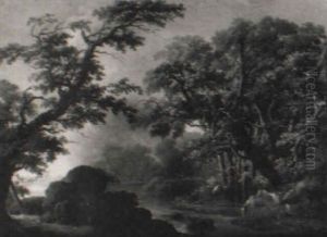 Bewaldete Fluslandschaft Mit Weidenden Pferden