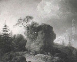 A Mountainous Landscape With Peasants Conversing By A Rocky Outcrop