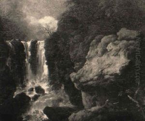 Waldlandschaft Mit Wasserfall Und Eremiten by Christian Wilhelm Ernst Dietrich