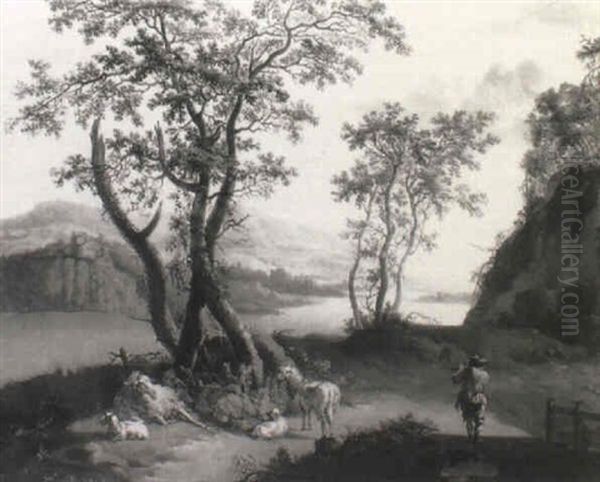 An Italianate River Landscape With A Shepherd Piping On A Bridge - view 1