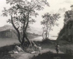 An Italianate River Landscape With A Shepherd Piping On A Bridge by Christian Wilhelm Ernst Dietrich