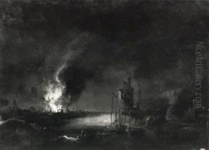 Nachtliche Feuersbrunst An Einem Flusufer by Christian Wilhelm Ernst Dietrich