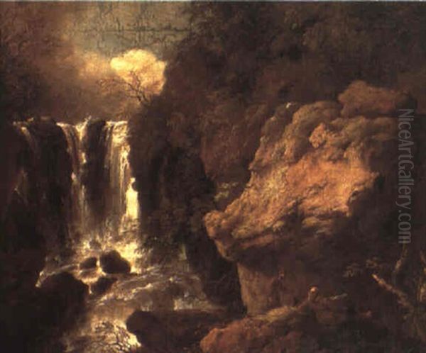 Two Monks In A Wooded Landscape Near A Waterfall - view 1