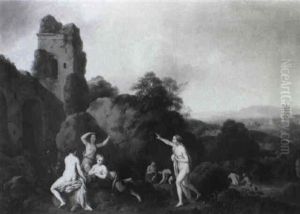 Badende Nymphe Vor Landschaft Mit Antiken Ruinen by Christian Wilhelm Ernst Dietrich