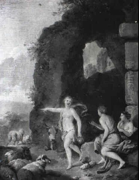 Nymphs Watching Over A Flock Of Sheep Resting Near Classical Ruins - view 1