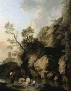 Badende In Einer Felsigen Schlucht by Christian Wilhelm Ernst Dietrich