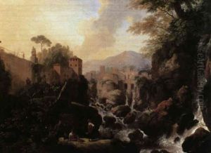 A View Of The Cascatelli At Tivoli With Figures Resting On  A Nearby Bank