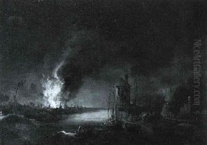 Nachtliche Feuersbrunst An Einem Flussufer by Christian Wilhelm Ernst Dietrich