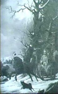 Elegant Figures Taking Tea At A Table, Set In A Formal      Garden; An Elegant Couple Travelling In A Winter Landscape..