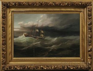 Clipper Ship In Rough Sea With Approaching Storm by Herman R. Dietz
