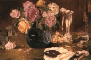 Roses In A Bowl With Figurine And Mask On Table by Bruno Dietze