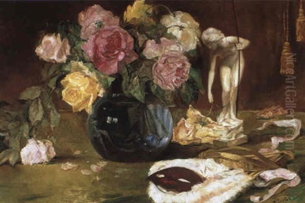 Stilleben Mit Rosen Und F,cher - view 1