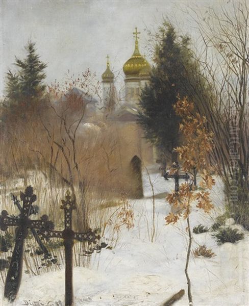 Verschneiter Friedhof Mit Orthodoxer Kirche - view 1