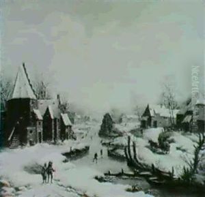 Winter Scenes : Travellers On A Road Through A Village;     And Skaters On A Canal by Johann Christoph Dietzsch