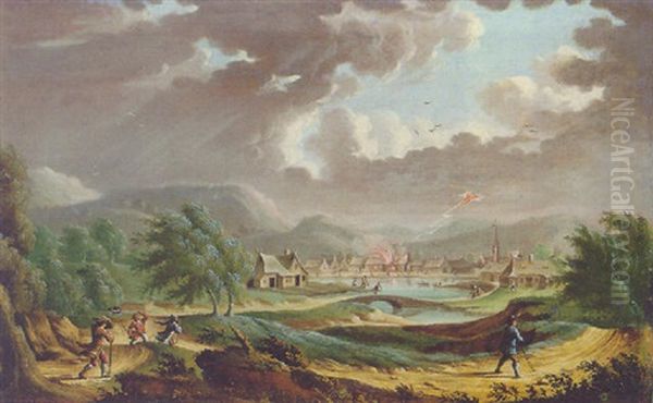 An Extensive Stormy Landscape With Lightning Striking A Village - view 1