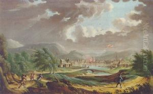 An Extensive Stormy Landscape With Lightning Striking A Village by Johann Siegismund Dietzsch