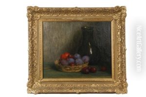 Still Life With Basket Of Plums And Stoneware Flagon by Hendricus Anthonius Dievenbach