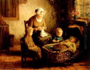 Mother And Children In A Kitchen Interior Mother And Children In A Kitchen Interior