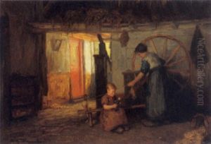 A Woman Weaving by Hendricus Anthonius Dievenbach