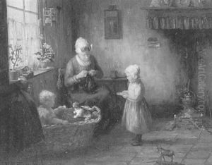 Mother And Children In Kitchen by Hendricus Anthonius Dievenbach