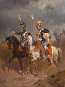 Zwei Osterreichische Husaren Zu Pferd by Wilhelm Von Diez
