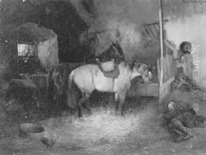 Pferdestall Mit Schlafendem Reiter by Wilhelm Von Diez