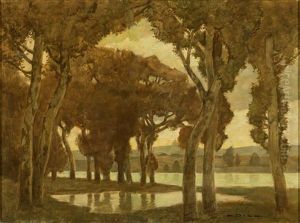 Der Eng Gefasste Bildausschnitt Gibt Den Blick Durch Baume Auf Eine Sanfte Hugelkette Bei Abendlicht Frei by Ludwig Dill