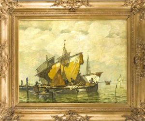 Fischerboote An Den Anlegestellen In Der Lagune Mit Blick Zu Vielen Booten Auf Dem Weiten Meer by Ludwig Dill
