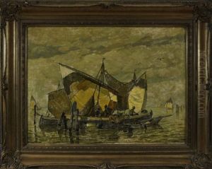 Fischerboote In Einem Italienischen Hafen by Ludwig Dill