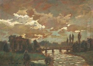 Wolkenverhangene Flusslandschaft Mit Einer Brucke Wolkenverhangene Flusslandschaft Mit Einer Brucke