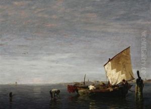 Venedig. Fischer Beim Einholen Des Fangs In Der Lagune, Im Hintergrund Die Silhouette Der Stadt by Ludwig Dill
