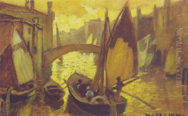 A Fishing Boat Entering A Town Canal - view 1