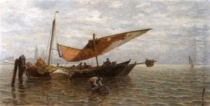 Fischer Beim Einholen Der Reusen In Der Lagune Von Venedig by Ludwig Dill