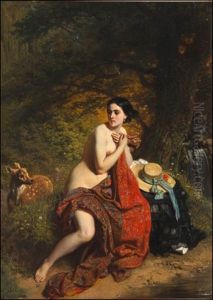 A Girl And A Roe Deer by Adolf Alexander Dillens