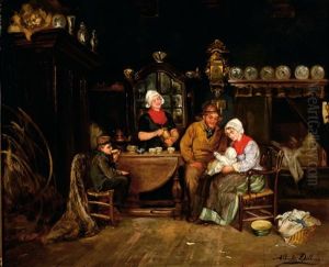 Tea-time In A Farm Interior by Albert (Albrecht) Dillens