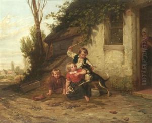 Children Defending A Kitten by Hendrick Joseph Dillens