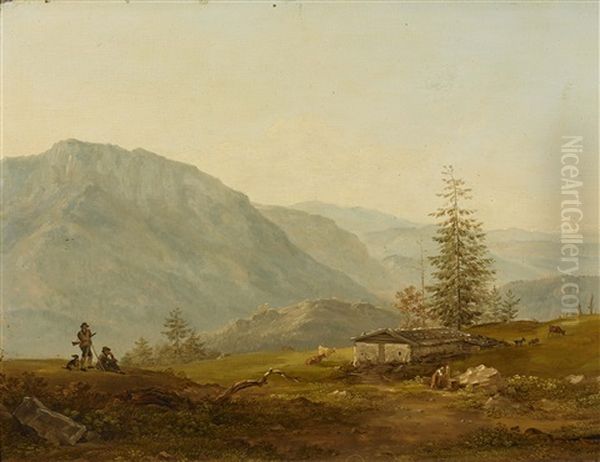 Gebirgslandschaft Mit Almhutte Und Jagern - view 1
