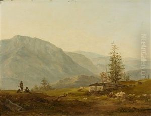 Gebirgslandschaft Mit Almhutte Und Jagern Gebirgslandschaft Mit Almhutte Und Jagern