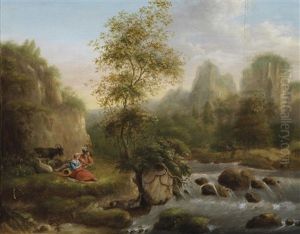 Gebirgslandschaft Mit Hirtenpaar Am Wasser