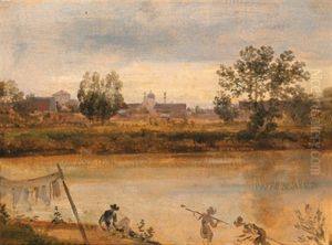 Angler Am Fluss, Im Hintergrund Eine Stadt