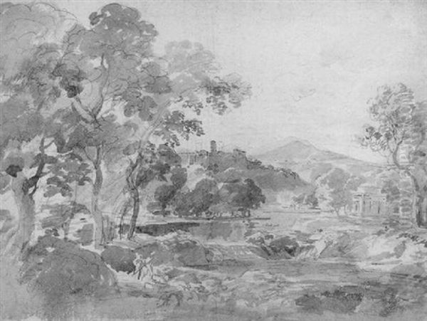 Italienische Landschaft Mit Gewasser Im Vordergrund - view 1