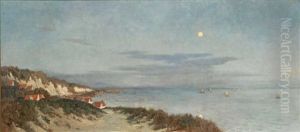 Kustenlandschaft In Flandern An Einem Vollmondabend Mit Auslaufenden Fischerbooten by Georges Hippolyte Dilly