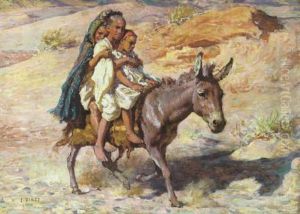 Arab Children On Horseback In A Desert Valley