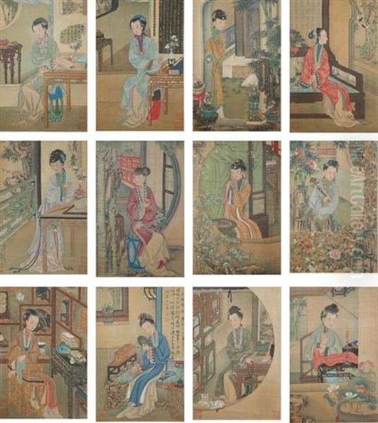 A Set Of Twelve 'ladies' Silk Paintings - view 1