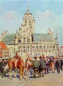 A Horse Market With The Townhall Beyond, Middelburg by Waalko (Jans) Dingemans