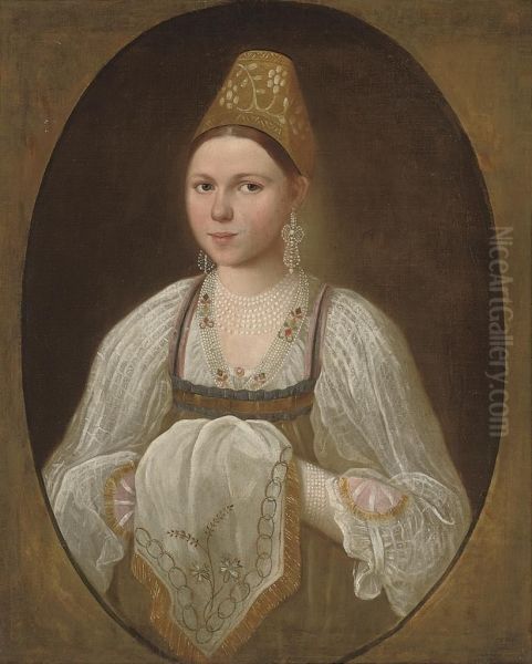 Portrait Of A Young Woman In Traditional Russian Costume - view 1