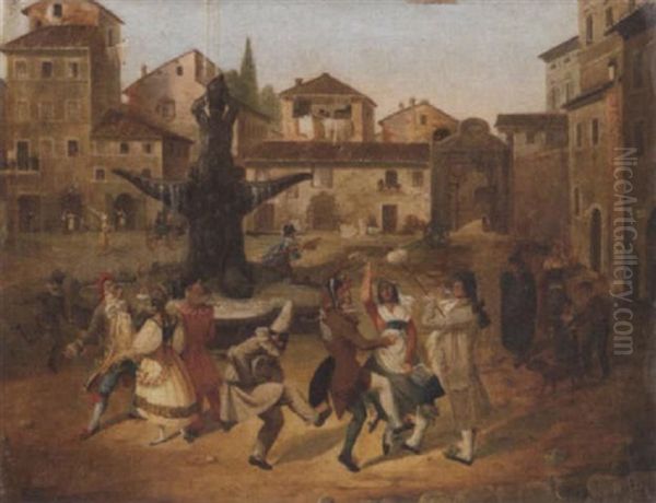 A Troupe Of Commedia Dell'arte Actors In A Roman Piazza - view 1