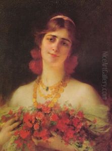 Portrait Of A Woman Holding A Bouquet Of Wild Flowers
