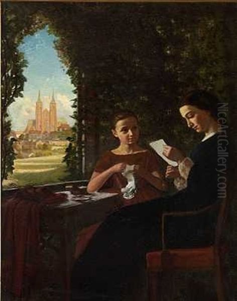 Mor Og Datter Siddende Ved Et Bord Med Udsigt Til Roskilde Domkirke - view 1